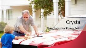  Presentation with car cleaning - Audience pleasing slide set consisting of grandfather and grandson cleaning restored backdrop and a soft green colored foreground
