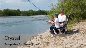  Presentation with grandfather - Presentation theme featuring grandfather and grandson fishing on the river background and a coral colored foreground