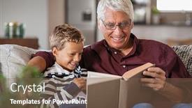  Presentation with old story book - Beautiful PPT theme featuring grandfather-and-grandson-reading backdrop and a violet colored foreground