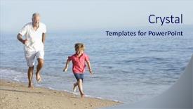 Presentation with girl running on the beach clouds - Presentation theme with grandfather and grandson running along background and a sky blue colored foreground