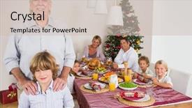  Presentation with christmas dinner - PPT theme consisting of grandfather and grandson standing beside the dinner table at christmas time background and a soft green colored foreground