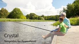 Presentation with happy holidays - PPT theme having grandfather and grandson with fishing background and a light gray colored foreground