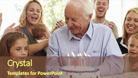  Presentation with birthday cake - Audience pleasing theme consisting of grandfather blows out birthday cake backdrop and a tawny brown colored foreground