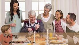  Presentation with living room family - Presentation theme with grandfather carving chicken and his family looking him at home in the living room background and a coral colored foreground