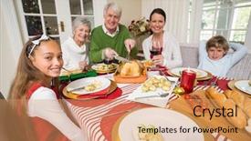  Presentation with christmas dinner - Amazing theme having grandfather carving roats turkey during christmas dinner at home in the living room backdrop and a coral colored foreground