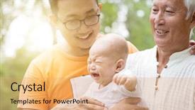  Presentation with baby crying - PPT theme having grandfather father and crying baby background and a coral colored foreground