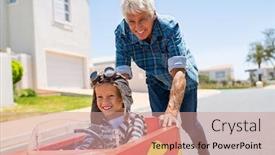  Presentation with race car - PPT theme consisting of grandfather-helping-grandson-ride background and a coral colored foreground