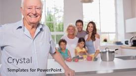  Presentation with grandfather - PPT layouts featuring grandfather in front of his family in the kitchen background and a light gray colored foreground