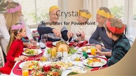  Presentation with dinner party - Slides enhanced with grandfather in party hat carving chicken during dinner at home in the living room background and a soft green colored foreground