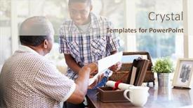  Presentation with grandfather - Colorful presentation theme enhanced with keepsake - grandfather showing document to grandson backdrop and a sky blue colored foreground
