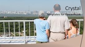  Presentation with grandfather - Slides featuring grandfather with grandchildren admire the city view from the roof background and a light blue colored foreground