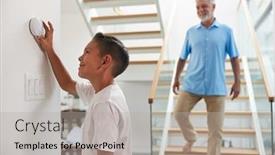  Presentation with grandfather - Beautiful presentation design featuring grandfather-with-grandson-adjusting-digital backdrop and a light gray colored foreground