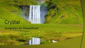  Presentation with falls - Audience pleasing PPT theme consisting of grandiose falls skogafoss in iceland on a meadow before falls the white lamb is grazed backdrop and a gold colored foreground