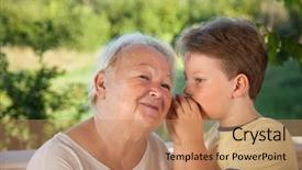  Presentation with grandma - Presentation theme having grandkids - boy whispering to grandma background and a coral colored foreground