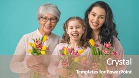  Presentation with mom daughter - Audience pleasing PPT theme consisting of grandma giving them yellow flowers backdrop and a coral colored foreground