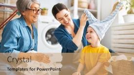  Presentation with generations - Colorful presentation enhanced with grandma mom and child are doing laundry at home three generations of family backdrop and a coral colored foreground