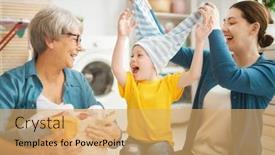  Presentation with generations - Amazing presentation design having grandma mom and child are doing laundry at home three generations of family backdrop and a yellow colored foreground