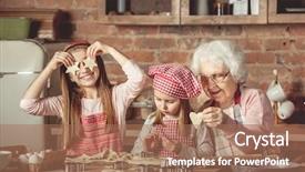 Presentation with grandma - PPT theme enhanced with grandma teaching granddaughters to bake background and a coral colored foreground