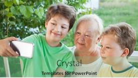  Presentation with family communication - Colorful slides enhanced with grandmother and grandchildren do selfie in the summer garden family generation children and senior old people communication backdrop and a seafoam green colored foreground