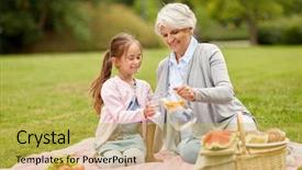  Presentation with summer drinking water - PPT theme enhanced with grandmother and granddaughter having picnic background and a yellow colored foreground