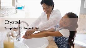  Presentation with hand washing - Colorful slide set enhanced with grandmother and granddaughter washing hands backdrop and a mint green colored foreground
