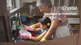  Presentation with kitchen sink splash - Presentation theme consisting of grandmother and granddaughter washing utensil background and a gray colored foreground