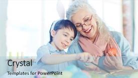  Presentation with eggs egg carton egg box - Colorful slide deck enhanced with grandmother and grandson painting easter backdrop and a light blue colored foreground