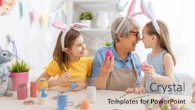  Presentation with children painting - Slide set with grandmother-and-her-granddaughters-painting background and a coral colored foreground