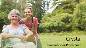  Presentation with smiling kids at summer camp - PPT theme with grandmother in wheelchair and granddaughter background and a yellow colored foreground