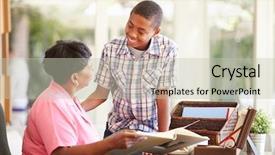  Presentation with album - Amazing slide set having grandmother looking at photo album backdrop and a soft green colored foreground