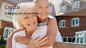  Presentation with retirement - Audience pleasing theme consisting of grandmother on bench during visit backdrop and a coral colored foreground