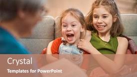  Presentation with family reading - PPT theme with grandmother-reading-a-book background and a coral colored foreground