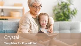  Presentation with family reading - PPT theme having grandmother-reading-a-book background and a coral colored foreground