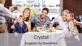  Presentation with restaurant family - Presentation theme consisting of grandmother taking family picture in restaurant with her smartphone background and a light gray colored foreground