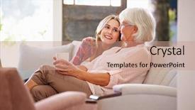  Presentation with relaxing - Slide deck having grandmother with adult granddaughter relaxing background and a coral colored foreground