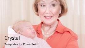  Presentation with young generation - Presentation theme featuring grandmother with baby on hands at home elegant young granny having fun with grandchild happy family generation new life concept background and a coral colored foreground