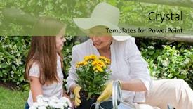  Presentation with soil shovel in the garden - Cool new slides with grandmother with her granddaughter working backdrop and a yellow colored foreground