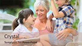  Presentation with kids video game addiction - Audience pleasing PPT theme consisting of grandmother with kids playing games backdrop and a coral colored foreground