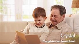  Presentation with grandfather - Amazing presentation theme having grandpa - happy grandfather sitting in armchair backdrop and a coral colored foreground