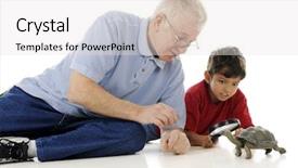  Presentation with out line of glass bottle - PPT theme having grandpa checking out a box background and a  colored foreground