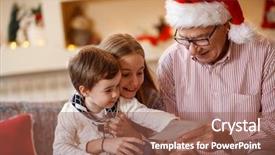  Presentation with animated christmas snowflakes - PPT theme enhanced with grandpa with grandchildren looking christmas background and a violet colored foreground