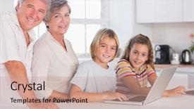  Presentation with grandparents - Audience pleasing slide deck consisting of grandparents and children looking at the camera together with laptop in front in kitchen backdrop and a coral colored foreground