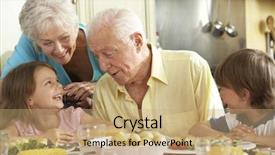  Presentation with grandparents - Beautiful PPT theme featuring grandparents and grandchildren eating meal backdrop and a coral colored foreground