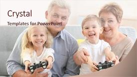  Presentation with video game xbox - Cool new PPT theme with grandparents and grandchildren playing video backdrop and a sky blue colored foreground