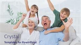  Presentation with grandparents - Audience pleasing PPT layouts consisting of grandparents and grandchildren raising arms in the living room backdrop and a light blue colored foreground