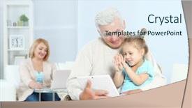  Presentation with grandparents - PPT layouts featuring grandparents and their granddaughter with gadgets at home background and a sky blue colored foreground
