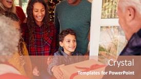  Presentation with celebrate - Presentation featuring grandparents arriving with gifts to celebrate multi-generation family christmas at home background and a coral colored foreground