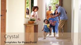  Presentation with children running - Colorful PPT theme enhanced with grandparents-at-home-opening-door backdrop and a coral colored foreground