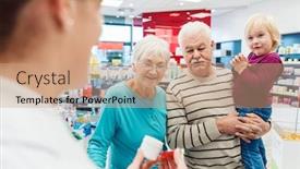  Presentation with prescription drugs - Presentation design with grandparents-in-pharmacy-buying-prescription background and a coral colored foreground