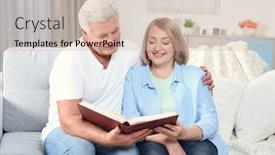  Presentation with photo album - Audience pleasing theme consisting of grandparents looking through photo album at home backdrop and a soft green colored foreground